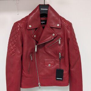 DSQUARED2 red quilted detail zip-up leather jacket BNNW